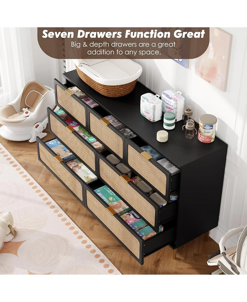 gaomon Rattan 7 Drawer Dresser for Bedroom, Tall Chest of Drawers with Deep Storage and Wide Top, Black