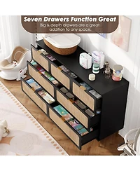 gaomon Rattan 7 Drawer Dresser for Bedroom, Tall Chest of Drawers with Deep Storage and Wide Top, Black