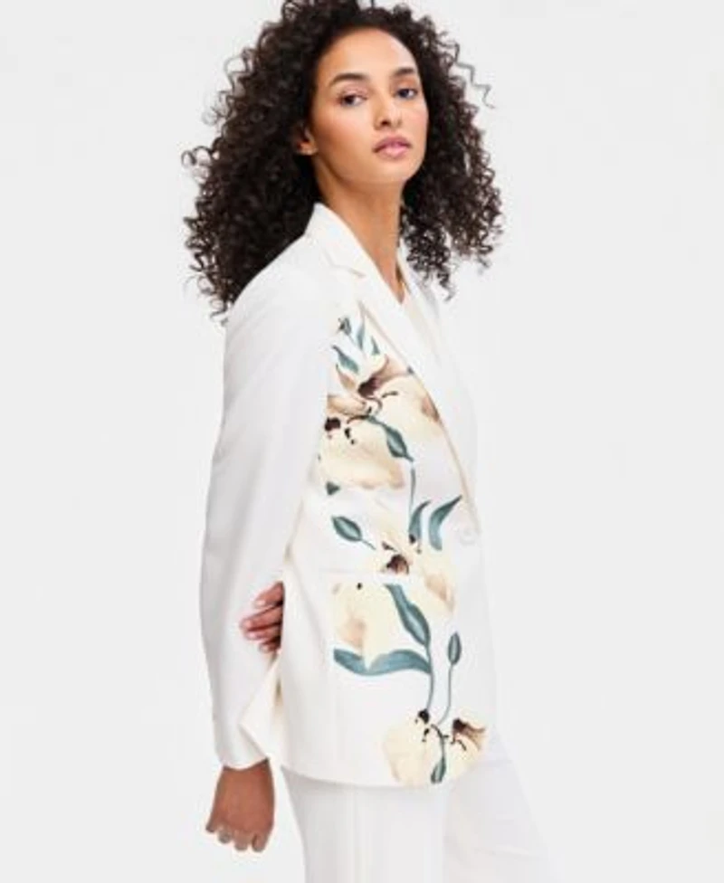 Anne Klein Womens Placement Print One Button Blazer High Rise Wide Leg Pull On Pants