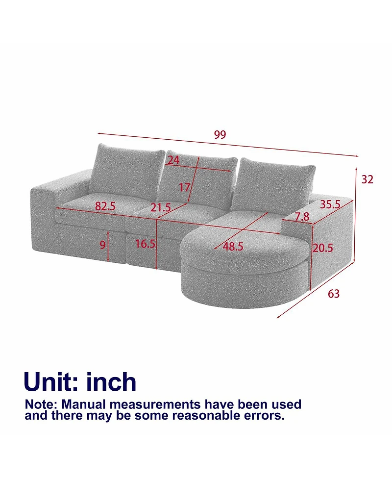 Streamdale Furniture Chenille Cloud Curved Sectional Sofa with Chaise - Modern Boneless Couch
