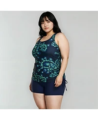 Calypsa Women's Plus Maya Tankini Swim Top With Built-In Bra and Shorts Set