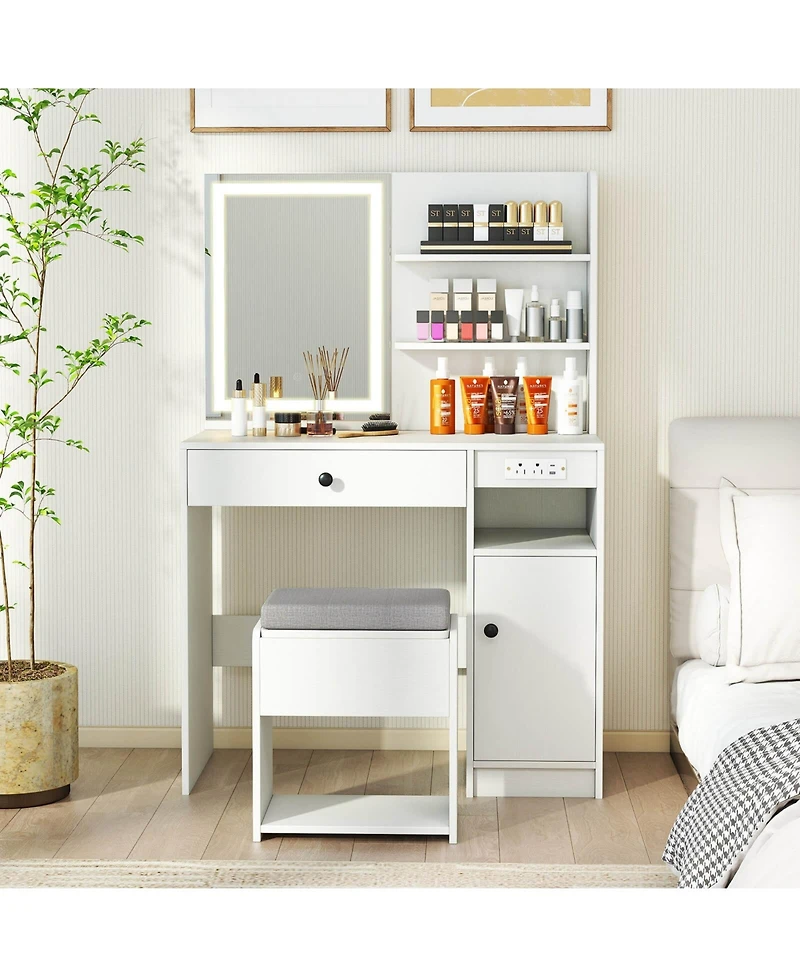 Costway Vanity Desk Set with Mirror & Lights Power Outlet Cushioned Stool