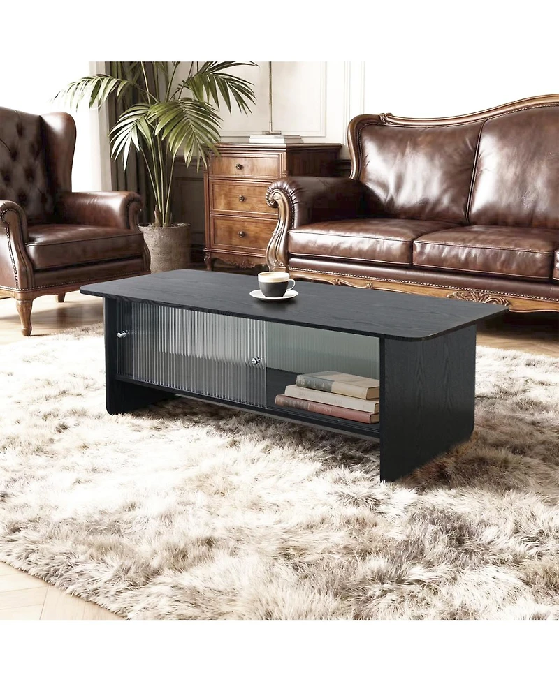 Streamdale Furniture Rectangular Modern Minimalist Coffee Table with Sliding Glass Door Storage