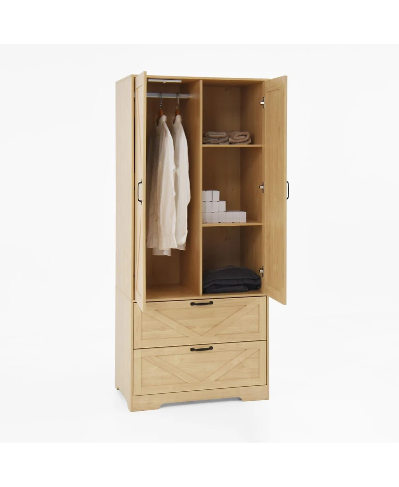 Streamdale Furniture 2-Door Wood Wardrobe with Hanging Rod, 2 Drawers, Mirror & Light