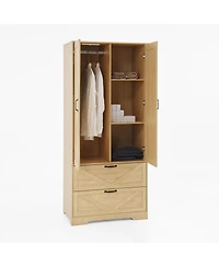 Streamdale Furniture 2-Door Wood Wardrobe with Hanging Rod, 2 Drawers, Mirror & Light