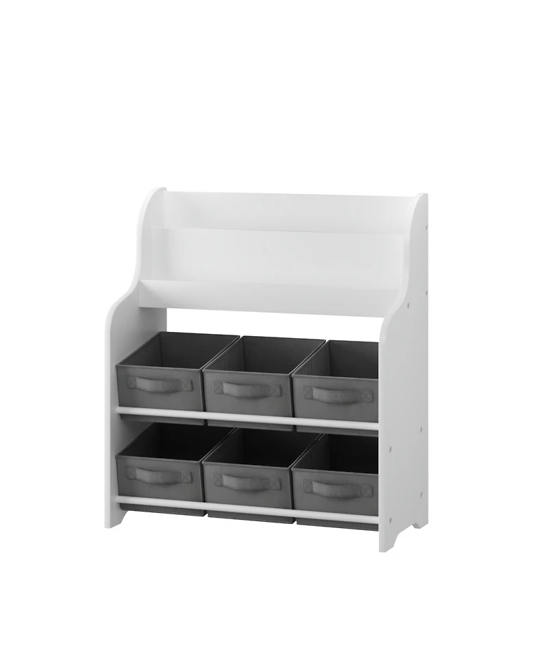 Streamdale Furniture Kids Bookshelf with 6 Fabric Bins, Multi-Functional Bookcase & Toy Organizer - White/Gray