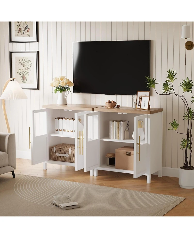 gaomon Sideboard Cabinet with 2 Glass Doors and Drawers, 29" Buffet with Solid Wood Top, White