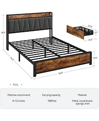 gaomon Bed Frame with Storage Linen Upholstered Headboard, 4 Drawers Platform Bed Frame with Charging Station