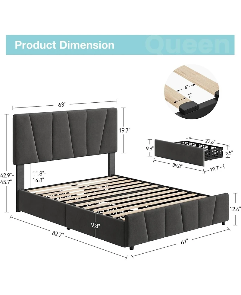 gaomon Bed Frame with Adjustable Headboard and 4 Storage Drawers, Soft Upholstered Platform Frames Wooden Slats Support