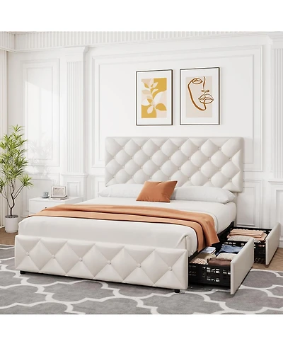gaomon Bed Frame with 4 Storage Drawers and Adjustable Headboard, Faux Leather Upholstered Platform Beds