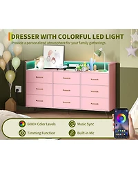 gaomon 9-Drawer Tall Dresser with Rgb Lights & Charging Station, App-Controlled Led Wooden Storage Chest, Pink
