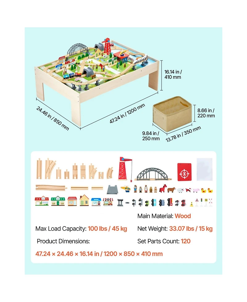 Slickblue Train Table, 120 Multicolor Pieces Wooden Kids Activity Table with Collapsible Storage Bin