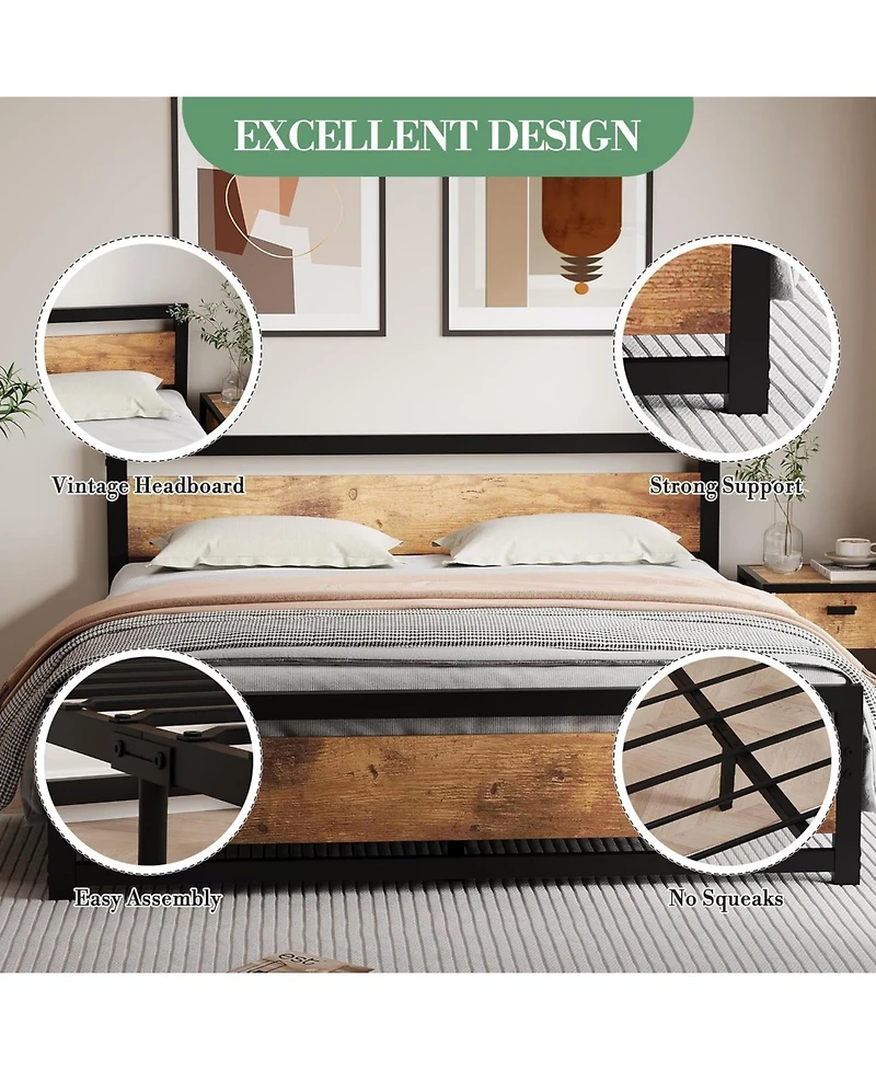gaomon 14 Inch Heavy Duty Industrial Metal Platform Bed Frame with Wooden Headboard