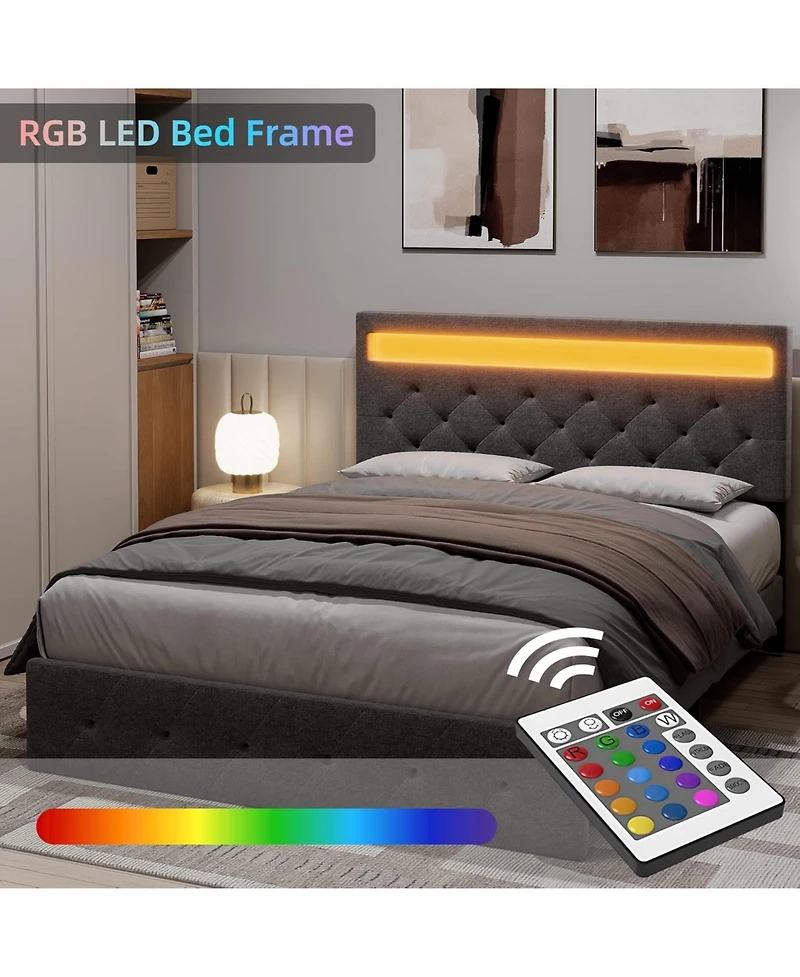 gaomon Size Bed Frame with Rgb Led Lights and Charging Station, Upholstered Platform Bed with Adjustable Headboard - Queen