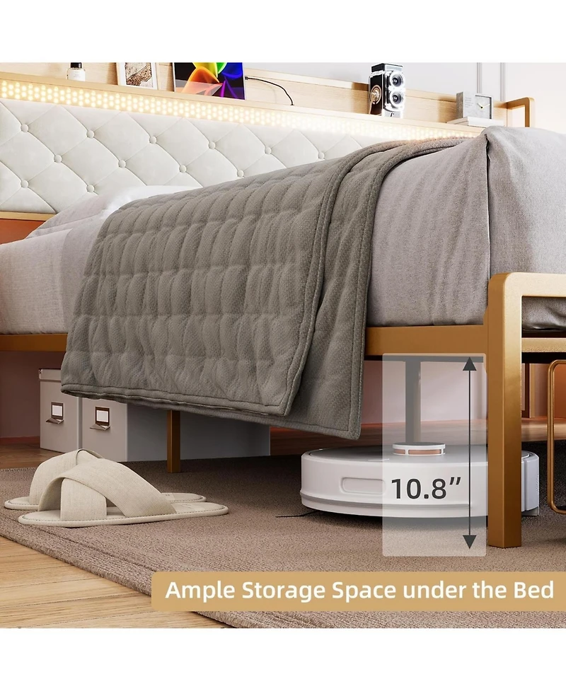 Gaomon Led Platform Bed Frame with Storage Drawers, Noise-Free Support with Wood Slats, Gold Metal Frame with Beige Fabric Fabric