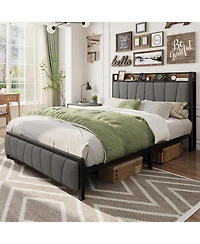 gaomon Full Platform Bed Frame with Storage Drawers and Charging Station, Upholstered Headboard Shelf, Large Underbed