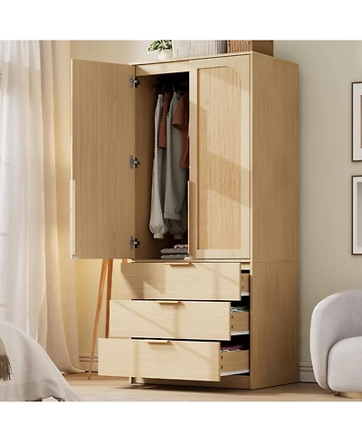 gaomon 69.5" Wooden Wardrobe Cabinet with Drawers, Hanging Rod & Doors Armoire Wardrobe Closet