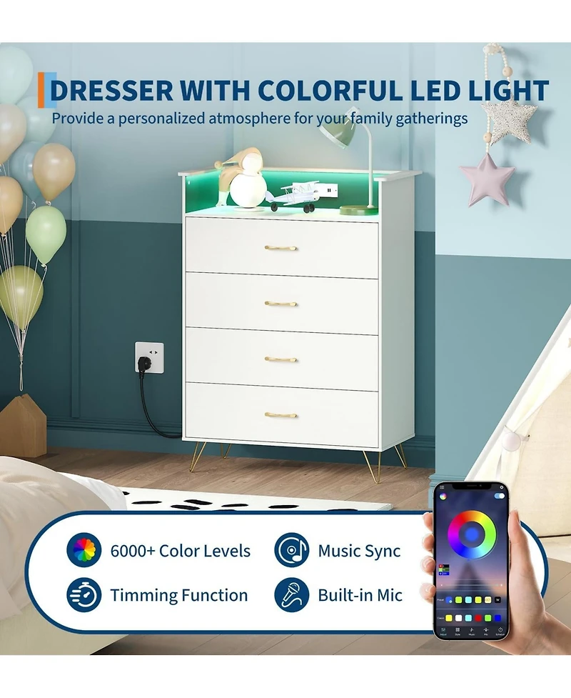 gaomon Tall 4-Drawer Dresser with Rgb Lights & Charging Station, App-Controlled Led Wooden Chest for Bedroom