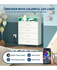 gaomon Tall 4-Drawer Dresser with Rgb Lights & Charging Station, App-Controlled Led Wooden Chest for Bedroom