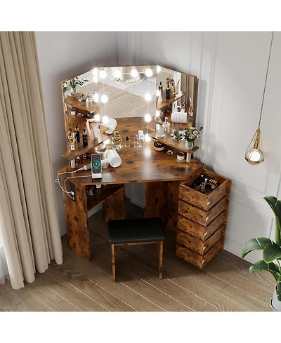 Gaomon Corner Makeup Vanity Desk with Lights and Power Outlet, Rotating Drawers and Adjustable Shelves