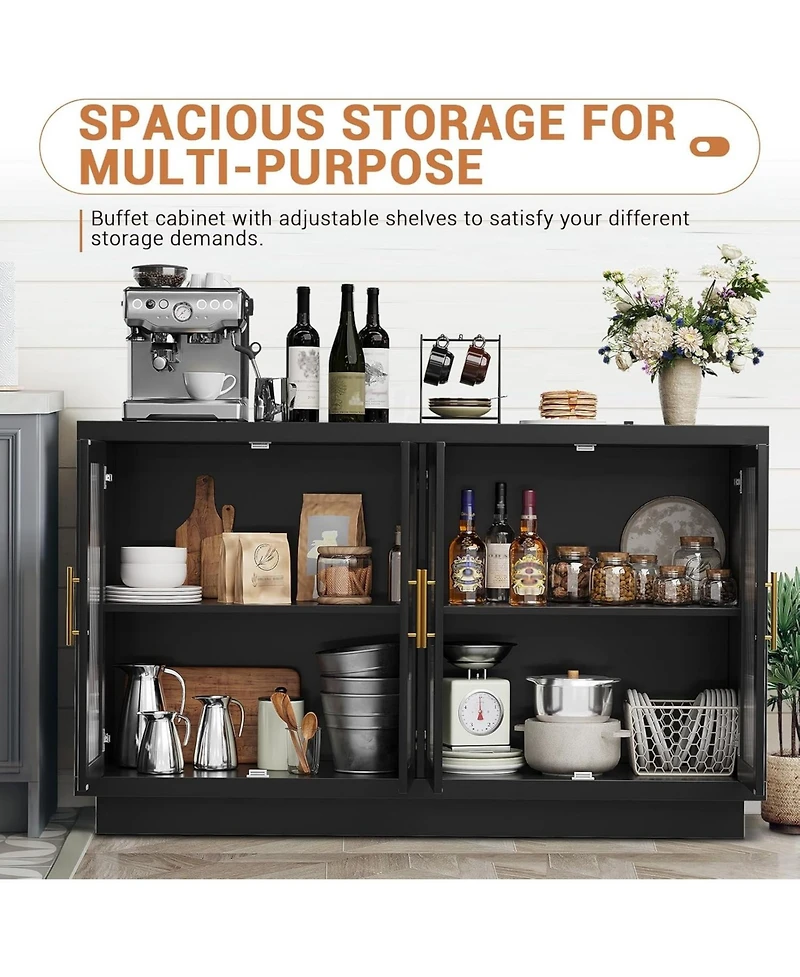 gaomon 55.1" Buffet Cabinet with Storage, Modern Sideboard with 4 Fluted Glass Doors and Adjustable Shelf, Coffee Bar