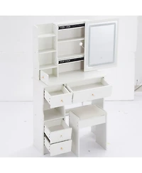 Streamdale Furniture 2-Piece Wood Vanity Table Set with Drawer, Cushioned Stool, Led Mirror, Power Outlets, Hairdryer Holder