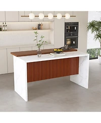 Streamdale Furniture 63" Modern White Kitchen Island with Marble-Look Surface & Led Lights (Island Only
