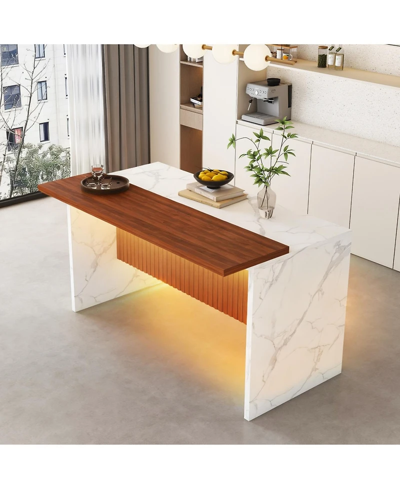 Streamdale Furniture 63" Modern White Kitchen Island with Marble-Look Surface & Led Lights (Island Only