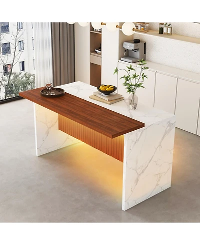 Streamdale Furniture 63" Modern White Kitchen Island with Marble-Look Surface & Led Lights (Island Only