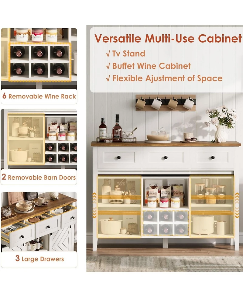 gaomon 47.2" Farmhouse Buffet Cabinet with Sliding Barn Door, 3 Drawers, Wine Rack & Adjustable Shelf