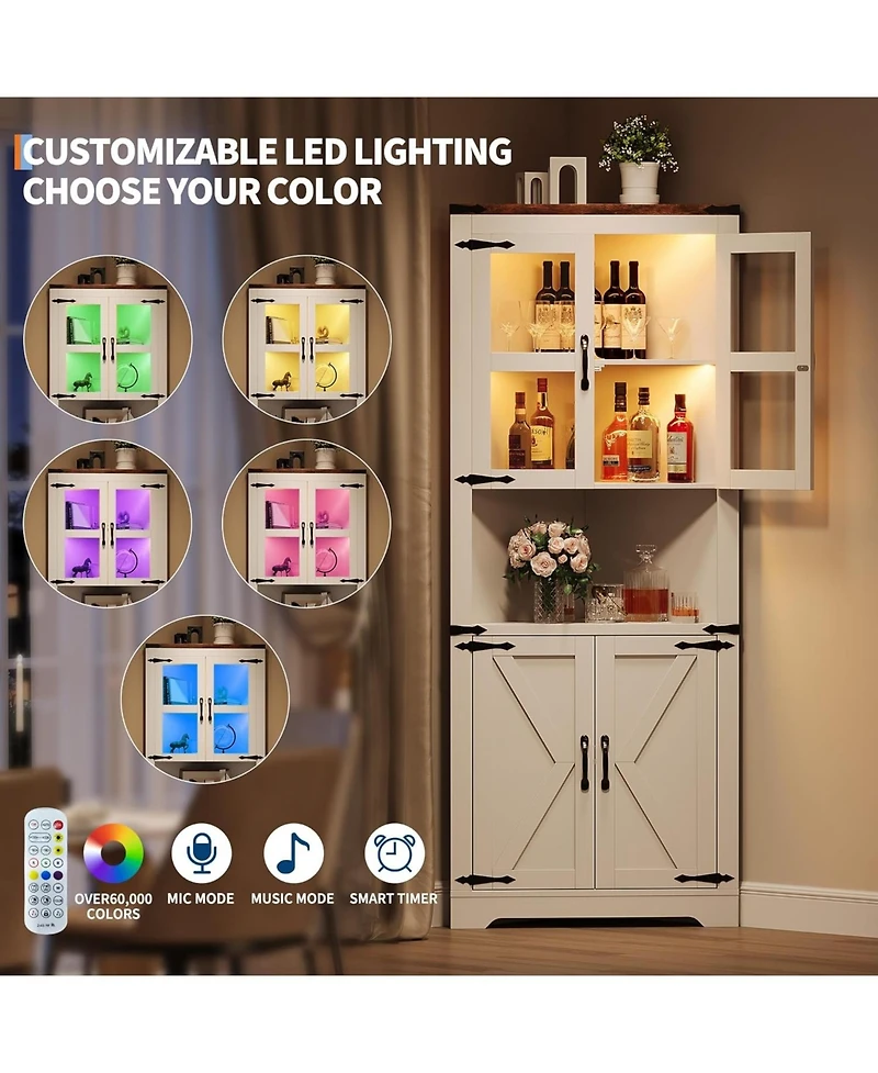 gaomon 67" Tall Corner Storage Cabinet with Lights, Farmhouse Wooden Corner Hutch with Glass Doors