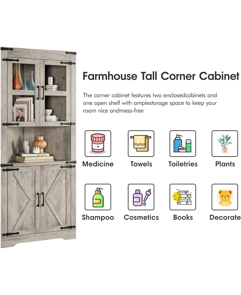 gaomon Tall Corner Storage Cabinet, Farmhouse Corner Hutch with Glass Door & Adjustable Shelves