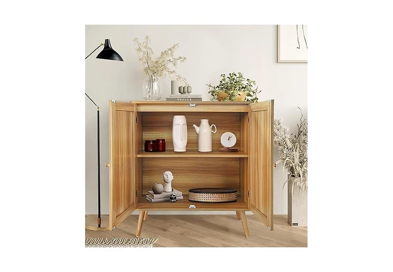 gaomon Rattan Buffet Cabinet with Storage, Farmhouse Sideboard with Adjustable Shelves and Solid Wood Feet, Beige