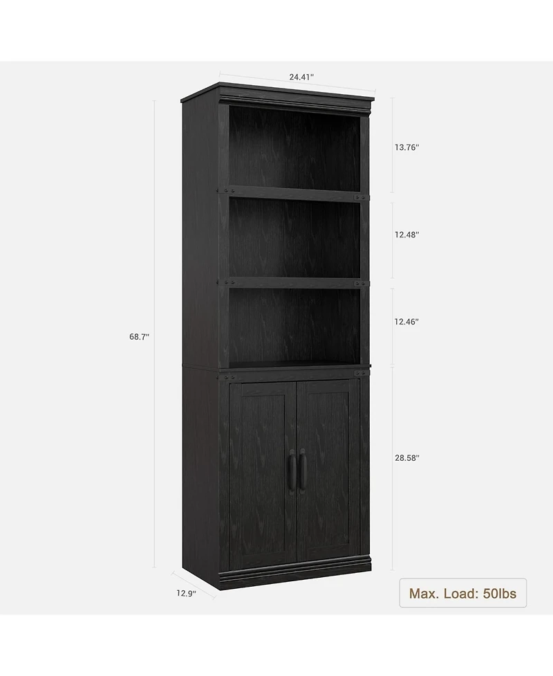 gaomon Farmhouse Bookcase with Doors, 5-Tier 70" Tall Bookshelf with Storage Cabinet for Living Room