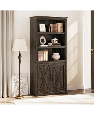 Gaomon Farmhouse Bookcase with Doors, 5-Tier 70" Tall Bookshelf with Storage Cabinet for Living Room