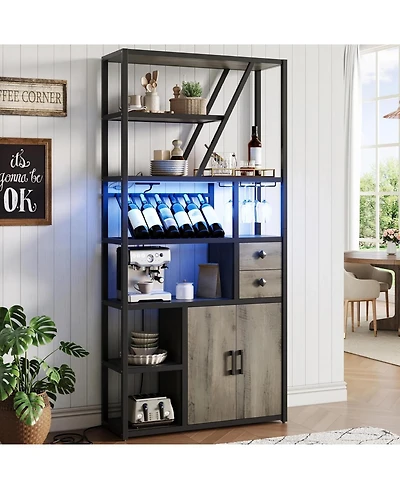gaomon Bar Cabinet with Led Lights, Tall Coffee Bar Station with Power Outlets and Storage Rack, Grey