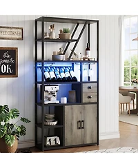 gaomon Bar Cabinet with Led Lights, Tall Coffee Bar Station with Power Outlets and Storage Rack, Grey