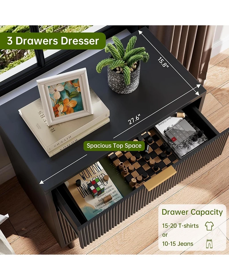 gaomon 3-Drawer Wave Fluted Dresser, Wide Wooden Chest with Metal Legs for Bedroom and Living Room