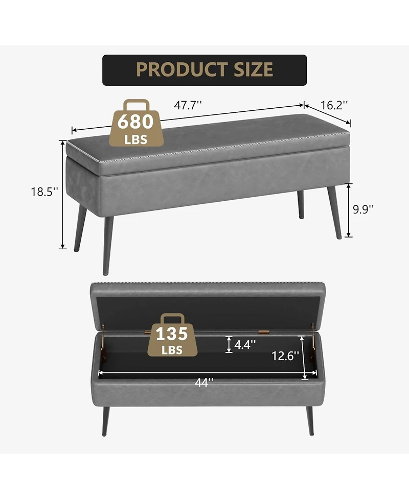 gaomon Pu Leather Upholstered Storage Ottoman Bench, 48 Inch End of Bed Bench with Storage & Sturdy Iron Legs, 680 Lbs Capacity, Grey Ottoman