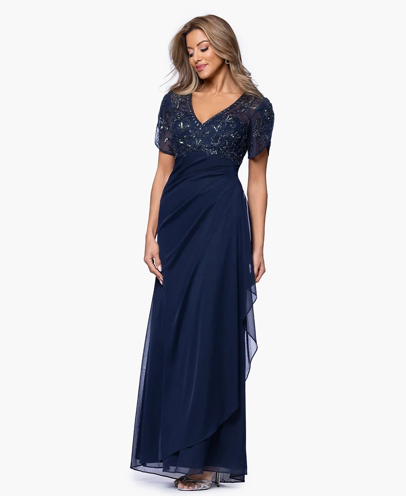 Xscape Women's Long Beaded V-Neck Ball Gown