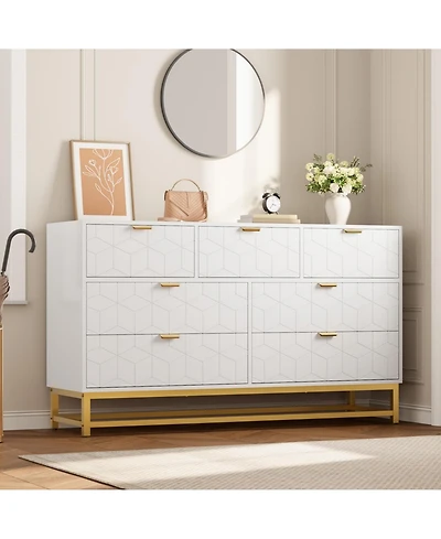 gaomon Modern Dresser for Bedroom, 53.5" Wide 7-Drawer Organizer with Golden Metal Handles and Legs, Stylish Chest of Drawers Living Room