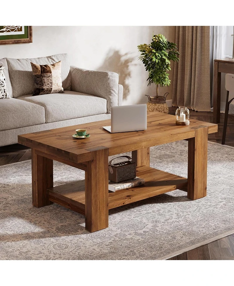 Tribesigns Solid Wood Coffee Table with 2-Tier Storage Shelf, 47.2" Farmhouse Rectangle Center Table Furniture for Living Room, Apartment, Office