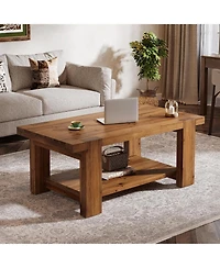 Tribesigns Solid Wood Coffee Table with 2-Tier Storage Shelf, 47.2" Farmhouse Rectangle Center Table Furniture for Living Room, Apartment, Office