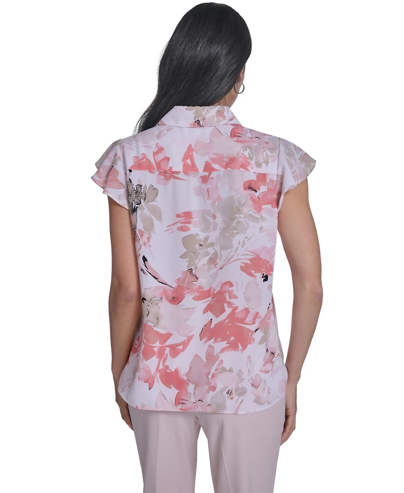 Calvin Klein Women's Printed Cap-Sleeve Ruffle Front Top