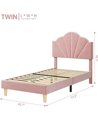 gaomon Twin Bed Frame with Shell Headboard, Velvet Upholstered Bed Frame with Adjustable Headboard, Girl Platform Strong Wood Slat Support