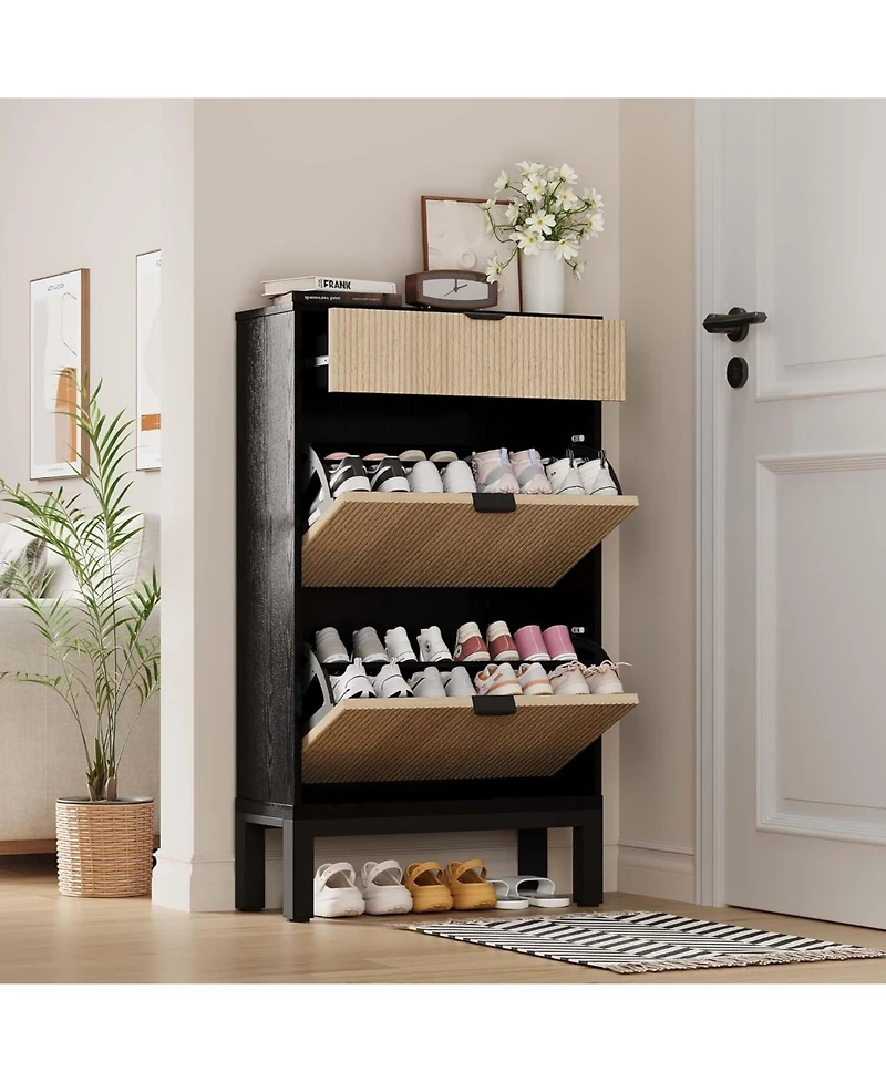 Shoe Storage Cabinet with 2 Flip Drawers,Entrance Wooden Shoe Rack with Iron Legs,Farmhouse Fluted Shoe Organizer for Entryway,Hallway,Foyer,Black+Oak