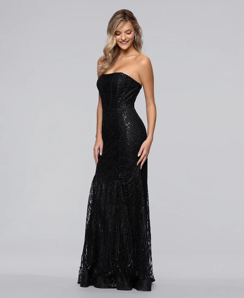 Blondie Nites Juniors' Long Glitter Strapless Corset Fit & Flare Ball Gown