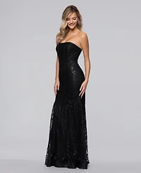 Blondie Nites Juniors' Long Glitter Strapless Corset Fit & Flare Ball Gown