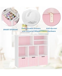 gaomon Toy Storage Cabinet with 3 Movable Drawers and 6 Cubes, Kids Bookshelf Organizer with Wheels