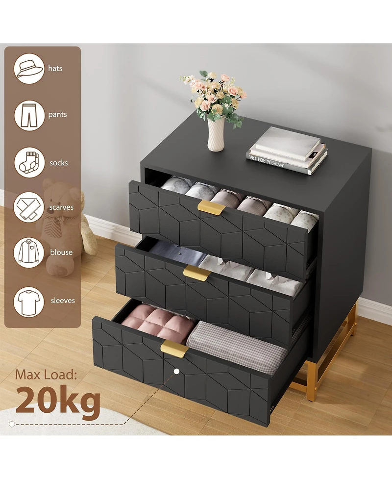 gaomon 3 Drawer Dresser with Metal Legs, Wood Storage Chest Organizer for Bedroom, Living Room, Hallway, Black